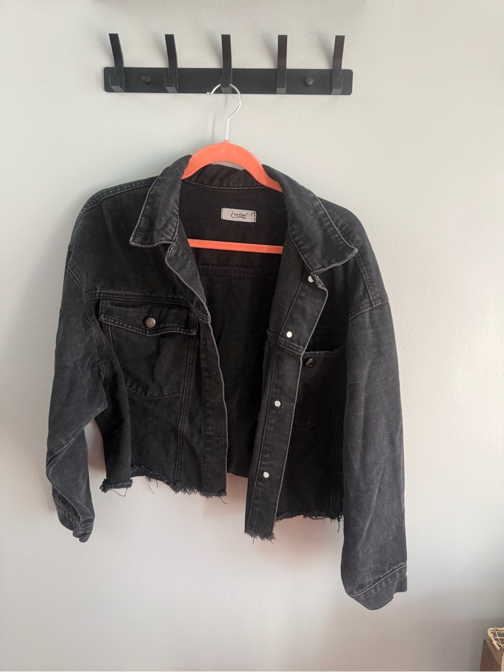 Washed Black Women’s Denim Jacket with Raw Hem/Cropped